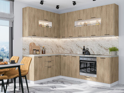 Кухонный гарнитур угловой Флэт-02, МДФ, 170×240 см, Белый/Натуральный дуб (Мрамор альпийский)