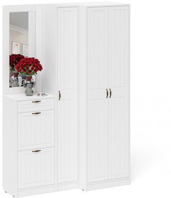 Прихожая П-6 Компоновка № 29, белая шагрень/фасады МДФ белое дерево фрезеровка прованс