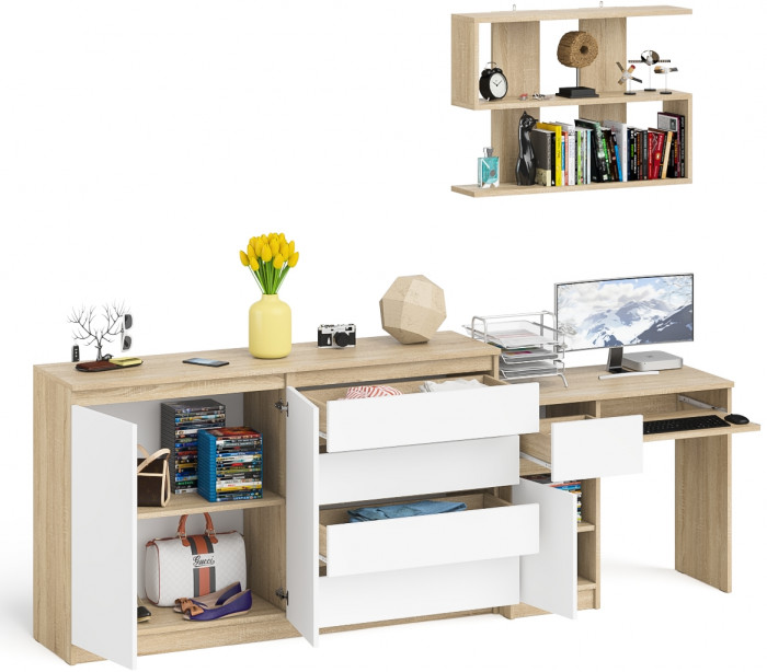 Мори компьютерный стол МС-1 левый + Комод МК1600.1 + Полка 900, дуб сонома/белый