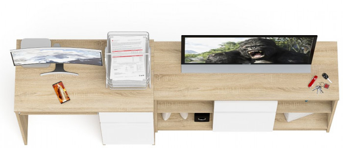 Мори компьютерный стол МС-1 правый + Тумба МТВ1204.1, дуб сонома/белый