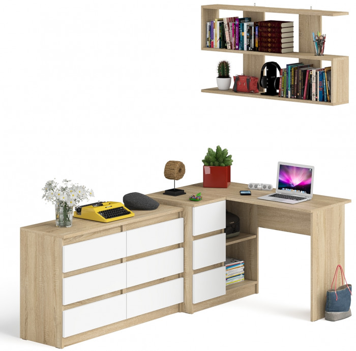 Мори компьютерный стол МС-16 левый + Комод МК1200.6 + Полка 1200, дуб сонома/белый