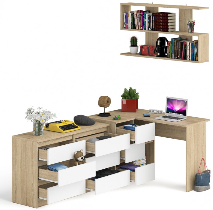 Мори компьютерный стол МС-16 левый + Комод МК1200.6 + Полка 1200, дуб сонома/белый