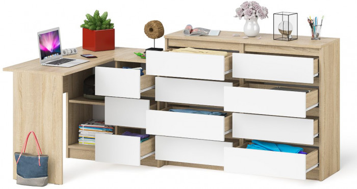 Мори компьютерный стол МС-16 правый + Комод МК1200.8, дуб сонома/белый