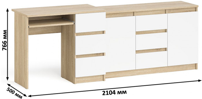 Мори компьютерный стол МС-6 правый + Комод МК1200.3, дуб сонома/белый