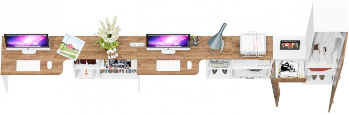 Лидер-8 Стол + Стол + Пенал МД 21Б + Тумба МД 3.15, цвет белый шагрень/крафт золото, ШхГхВ 410х50/37,5х75/190 или 230х160/50х75/190 см., НЕ ун. сб.