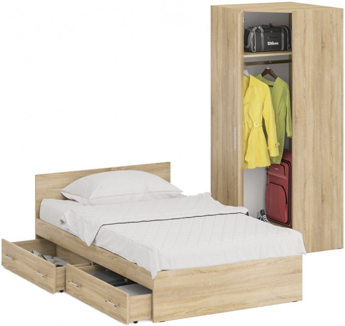 Кровать с ящиками 1200 + угловой шкаф Стандарт, дуб сонома