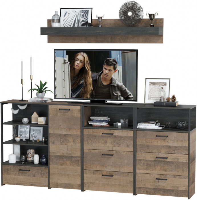 Трувор Гостиная 008, цвет дуб гранж песочный/интра, ШхГхВ 241х37х195 см., универсальная сборка