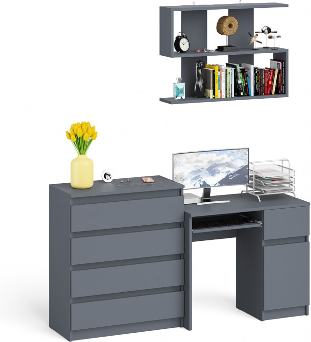 Мори Стол компьютерный МС-1 правый + Комод МК800.4 + Полка 900, цвет графит, ШхГхВ 170,4х50х209,6 см., НЕ универсальная сборка