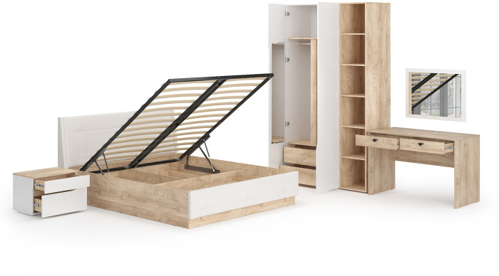 Муссон Спальня № 06, цвет белый/дуб эндгрейн элегантный/искусственная кожа белая, подъёмный ортопед, сп. м. 1600х2000 мм., б/м