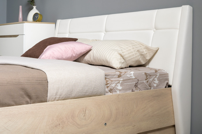 Муссон Спальня № 06, цвет белый/дуб эндгрейн элегантный/искусственная кожа белая, подъёмный ортопед, сп. м. 1600х2000 мм., б/м