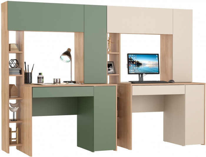 Два стола комп.Комфорт 12.71, гикори рокфорд натуральный/дымчатый зелёный/гикори рокфорд натур./сатин