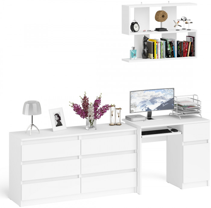 Мори компьютерный стол МС-1 правый + Комод МК1380.6 + Полка 900, белый