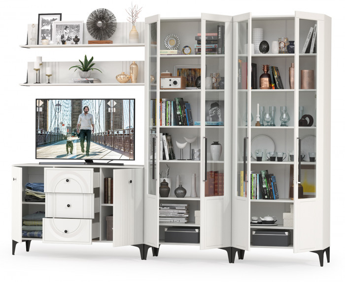 Валенсия Гостиная № 113, цвет ЛДСП белый шагрень/МДФ белый шагрень, ШхГхВ 301,4х38,4х225,2 см., универсальная сборка