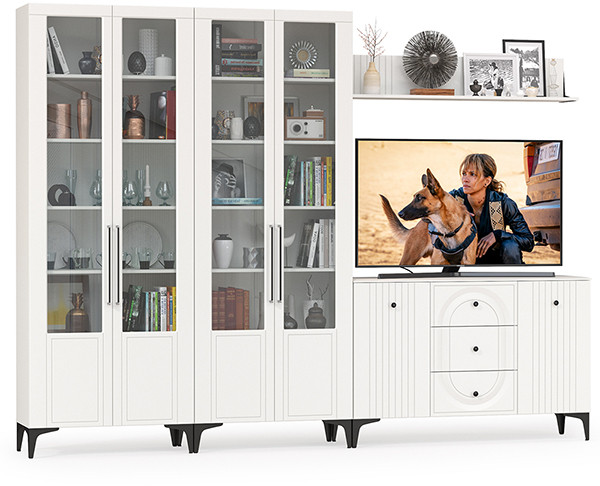 Валенсия Гостиная № 112, цвет ЛДСП белый шагрень/МДФ белый шагрень, ШхГхВ 301,4х38,4х225,2 см., универсальная сборка