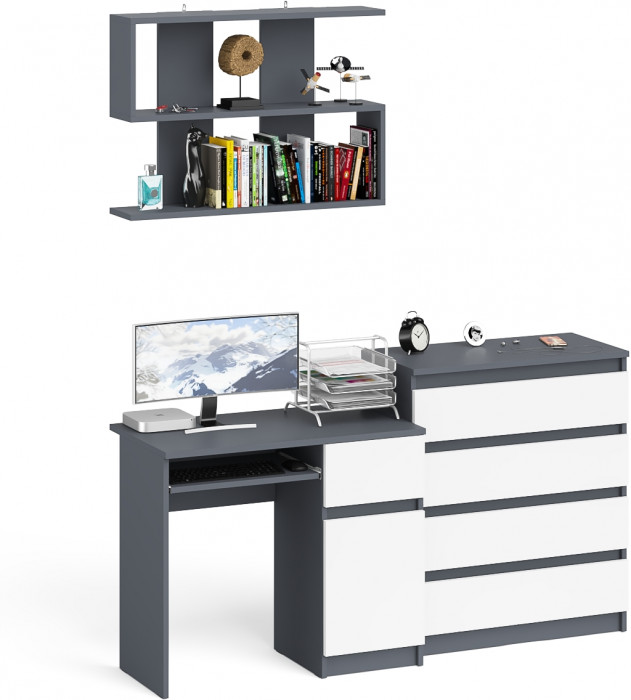 Мори Стол компьютерный МС-1 правый + Комод МК800.4 + Полка 900, цвет графит/белый, ШхГхВ 170,4х50х209,6 см., НЕ универсальная сборка
