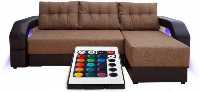 Угловой диван-еврокнижка Манчестер 160х200, с подсветкой, велюр/экокожа коричневая