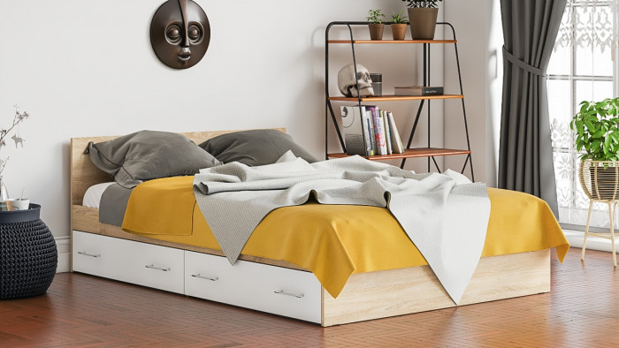 Мори Кровать с ящиками 1400, цвет дуб сонома/белый, ШхГхВ 143,5х203,5х70 см., сп.м. 1400х2000 мм., без матраса, основание есть