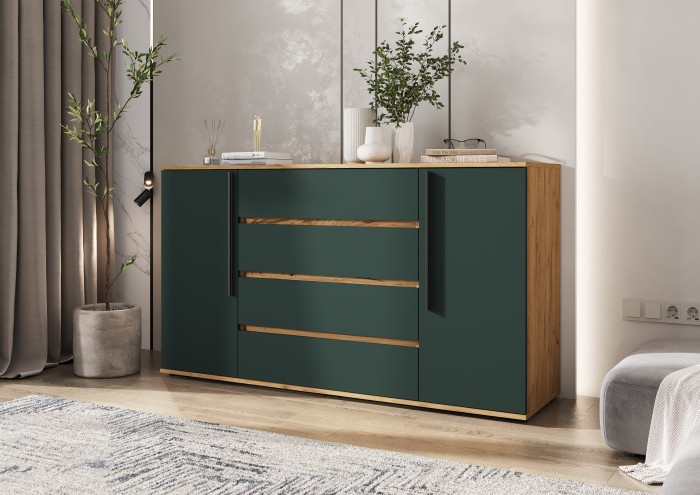 Норд Комод 2 двери 4 ящика (1600), Дуб крафт/Изумрудный
