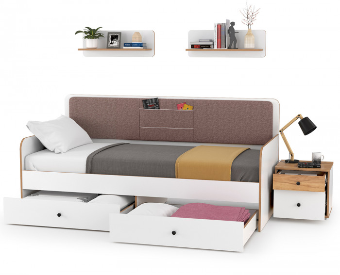 Вуди Компоновка № 34, цвет белый премиум/дуб крафт золотой/саванна латте, сп. м. 900х2000 мм., б/м, основание есть, матрас высотой до 200 мм.