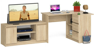 Мори Стол компьютерный МС-16 правый + Тумба МТВ1200.1, цвет дуб сонома, ШхГхВ 244,8х84,9х76,6 см., выдвижные ящики справа, НЕ универсальная сборка