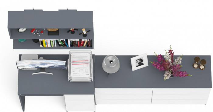 Мори компьютерный стол МС-1 правый + Комод МК1380.6 + Полка 900, графит/белый