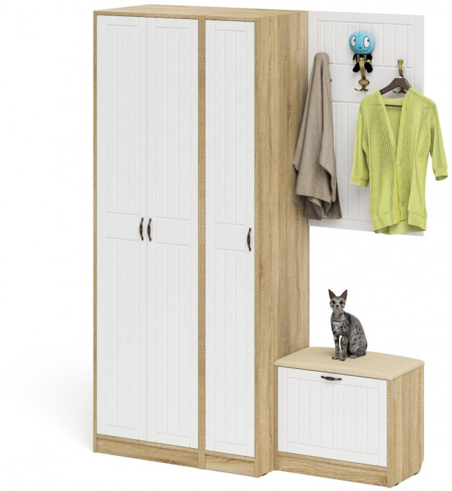 Прихожая П-6 Компоновка № 47, цвет дуб сонома/фасады МДФ белое дерево фрезеровка прованс, ШхГхВ 150х50х210 см., универсальная сборка