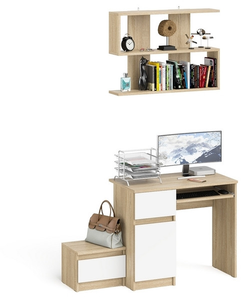 Мори компьютерный стол МС-1 левый + Тумба ТМП400.1 + Полка 900, дуб сонома/белый