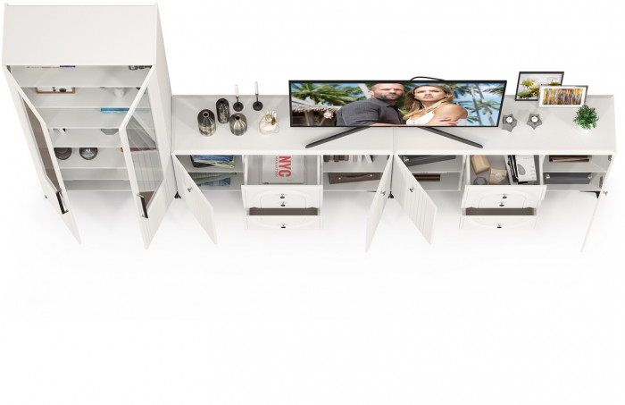 Валенсия Гостиная № 120, цвет ЛДСП белый шагрень/МДФ белый шагрень, ШхГхВ 350,4х38,4х225,2 см., универсальная сборка