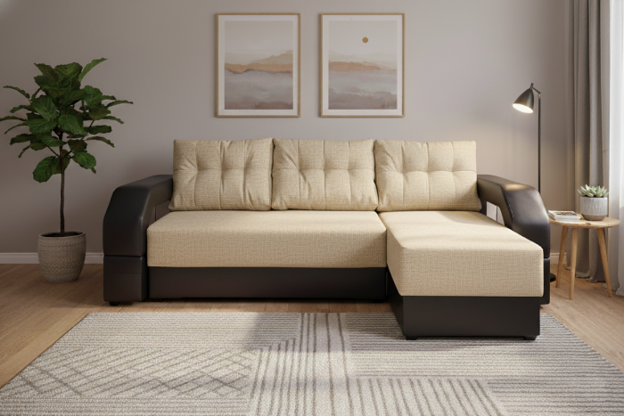 Угловой диван-еврокнижка Манчестер 160х200, с подсветкой, велюр/экокожа бежевая/коричневая