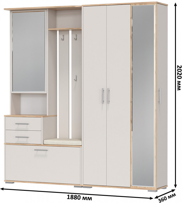 Прихожая Домино 5, цвет дуб крафт золотой/кашемир серый, ШхГхВ 188х36х202 см., универсальная сборка