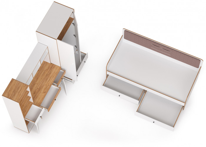 Вуди Компоновка № 36, цвет белый премиум/дуб крафт золотой/саванна латте, сп. м. 900х2000 мм., б/м, основание есть, матрас высотой до 200 мм.