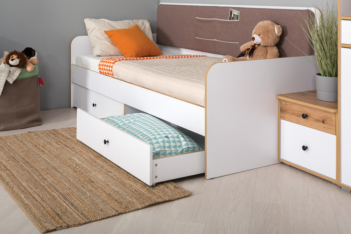 Вуди Компоновка № 36, цвет белый премиум/дуб крафт золотой/саванна латте, сп. м. 900х2000 мм., б/м, основание есть, матрас высотой до 200 мм.