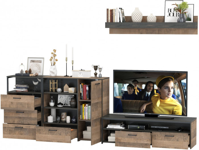 Трувор Гостиная 012, цвет дуб гранж песочный/интра, ШхГхВ 324,8х45,4х195 см., универсальная сборка