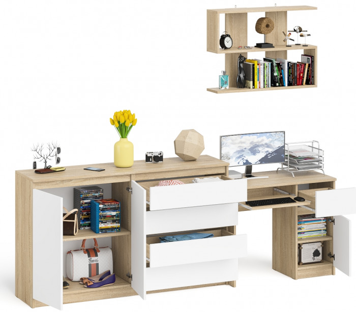 Мори компьютерный стол МС-1 правый + Комод МК1600.1 + Полка 900, дуб сонома/белый