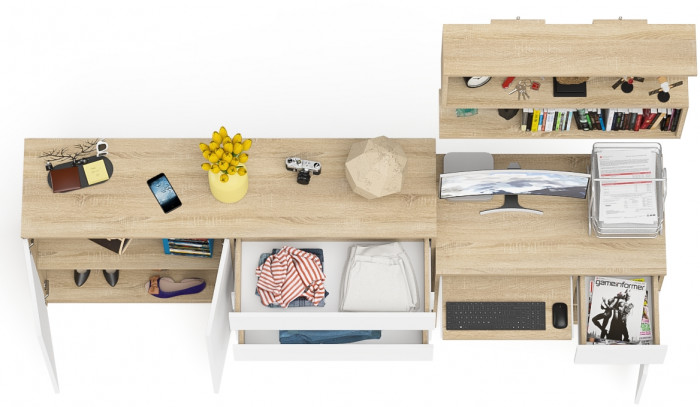 Мори компьютерный стол МС-1 правый + Комод МК1600.1 + Полка 900, дуб сонома/белый