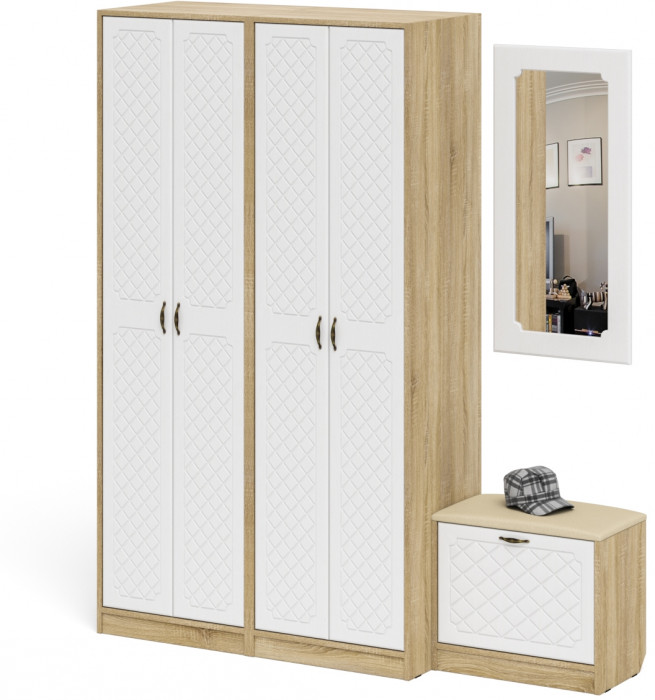 Прихожая П-6 Компоновка № 08, дуб сонома/фасады МДФ белое дерево фрезеровка ромб