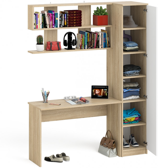 Мори Стол письменный МСП1200.1 + Пенал МШ400.1 + Полка 1200, цвет дуб сонома/белый, ШхГхВ 160,8х50,4х209,6 см., универсальная сборка