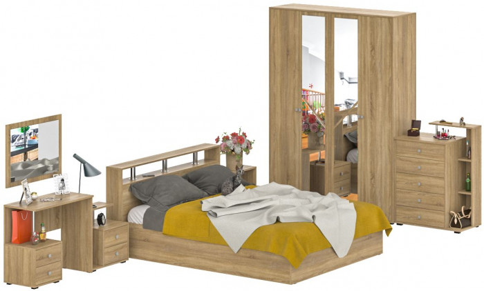 Камелия спальня № 3 Кровать 1600 + Две тумбы + Стол косметич. + Зеркало + Комод + Шкаф 4-х, цвет дуб сонома, сп.м. 1600х2000 мм., б/м, осн. есть