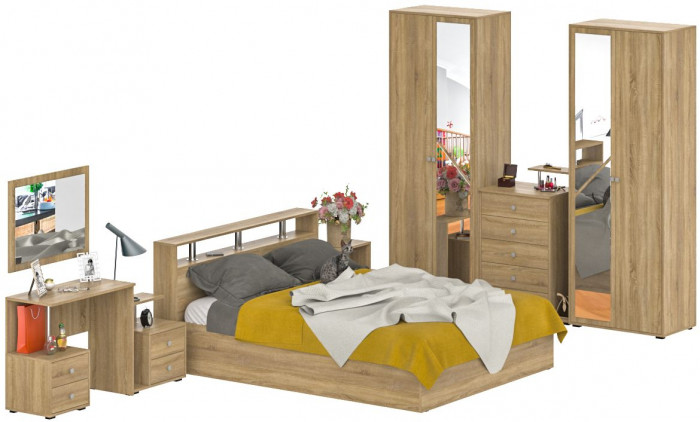 Камелия спальня № 3 Кровать 1600 + Две тумбы + Стол косметич. + Зеркало + Комод + Шкаф 4-х, цвет дуб сонома, сп.м. 1600х2000 мм., б/м, осн. есть