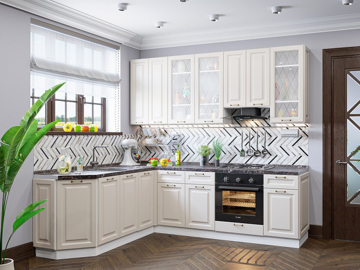 Кухонный гарнитур угловой Ницца-03, МДФ/Стекло, 189×240 см, Белый/Агат (Мрамор черный)
