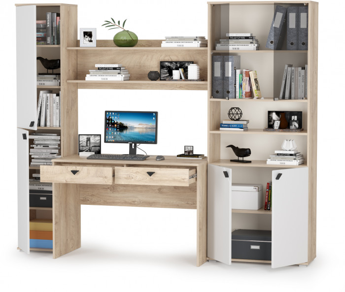 КР100 Бостон № 43, цвет дуб эндгрейн элегантный/фасады МДФ милк рикамо софт, 13.154+12.69+09.132+13.156, ШхГхВ 230,6х57,2х194,4 см., ун. сборка