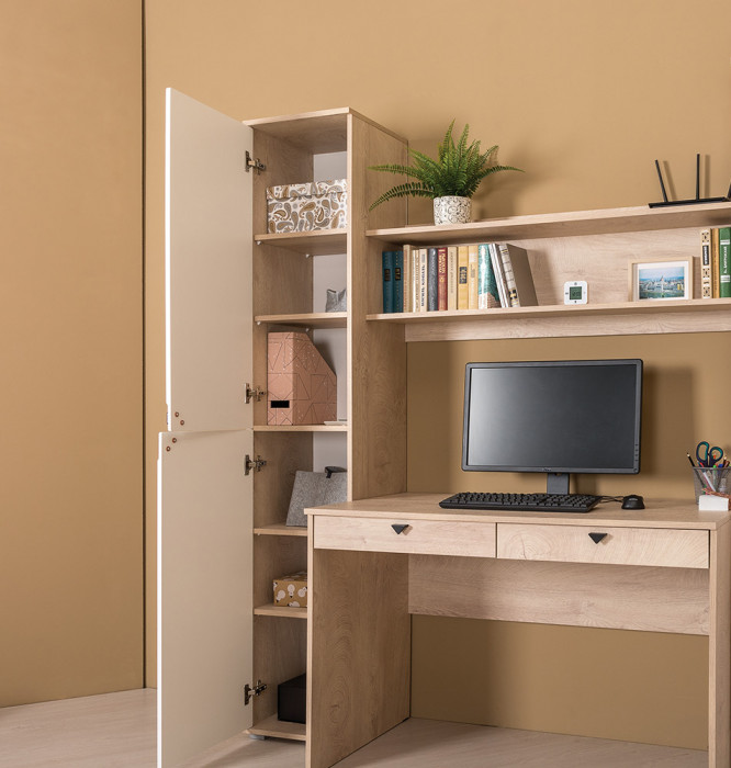 КР100 Бостон № 43, цвет дуб эндгрейн элегантный/фасады МДФ милк рикамо софт, 13.154+12.69+09.132+13.156, ШхГхВ 230,6х57,2х194,4 см., ун. сборка