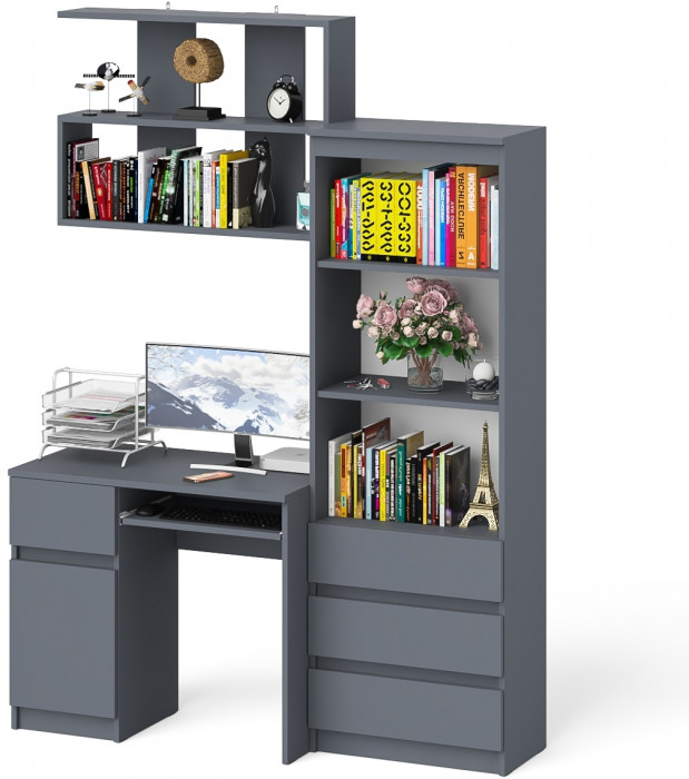 Мори Стол компьютерный МС-1 левый + Стеллаж МСТ600.3 + Полка 900, цвет графит, ШхГхВ 150,4х50х209,6 см., НЕ универсальная сборка