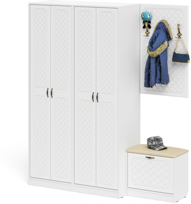 Прихожая П-6 Компоновка № 09, белая шагрень/фасады МДФ белое дерево фрезеровка ромб