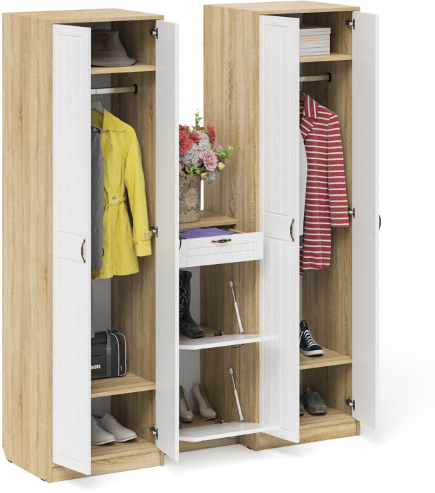 Прихожая П-6 Компоновка № 13, цвет дуб сонома/фасады МДФ белое дерево фрезеровка прованс, ШхГхВ 170х50х210 см., универсальная сборка