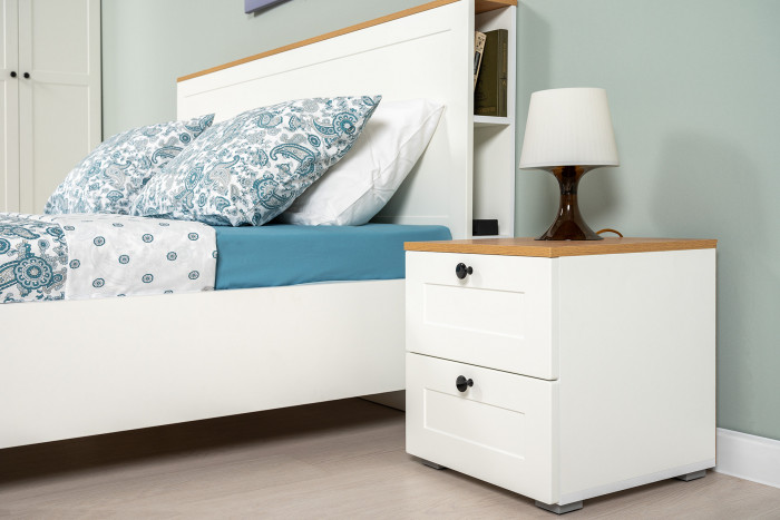 Остин 11.53 Кровать + ортопед + 13.227 Шкаф-пенал + 16.152 Тумба прикроватная, белый шагрень/дуб крафт золотой