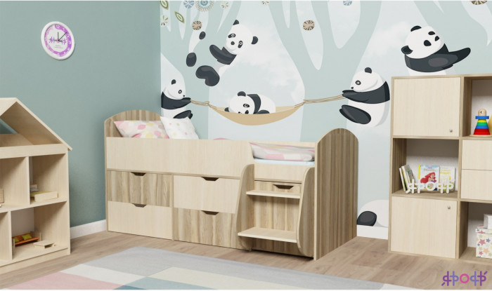 Кровать-чердак Малыш 7 (Дуб молочный/Оранжевый)