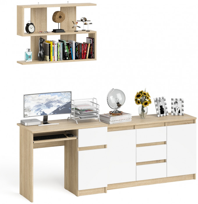 Мори Стол компьютерный МС-1 правый + Комод МК1200.3 + Полка 900, цвет дуб сонома/белый, ШхГхВ 210,4х50х209,6 см., НЕ универсальная сборка