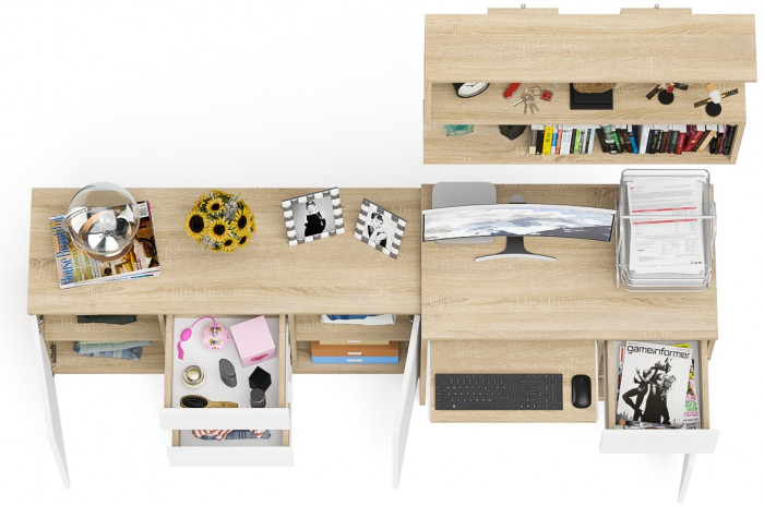 Мори Стол компьютерный МС-1 правый + Комод МК1200.3 + Полка 900, цвет дуб сонома/белый, ШхГхВ 210,4х50х209,6 см., НЕ универсальная сборка