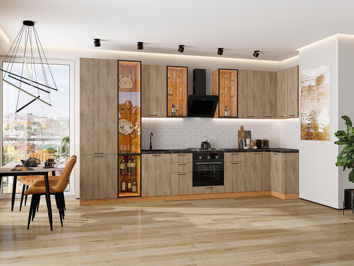 Кухонный гарнитур угловой Флэт-05, МДФ, 400×100 см, Вотан/Натуральный дуб, стеклополки (Кварцит неро)